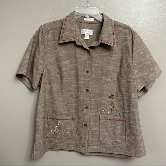 CJ Banks 1X embroidered Giraffe button up top Tan cotton spandex - Picture 1 of 14